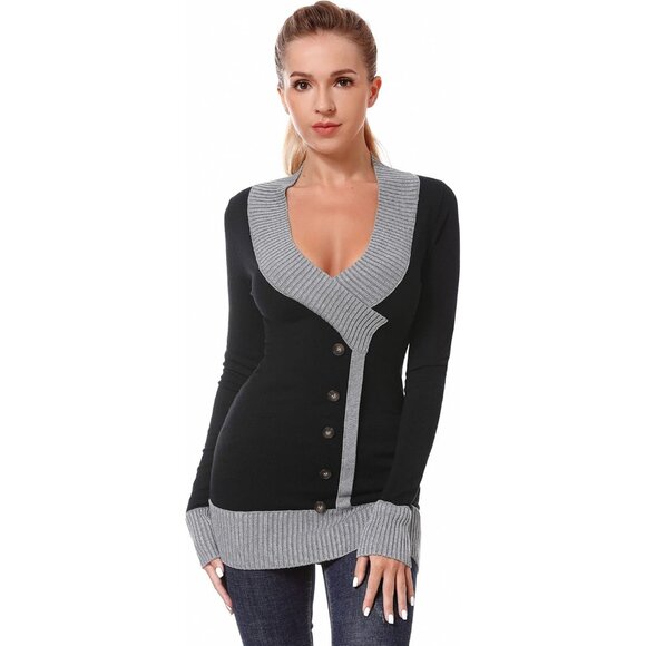 Women V Neck Faux Wrap Sweater Tunic Top Black Gray XS Viscose Nylon - Picture 1 of 5